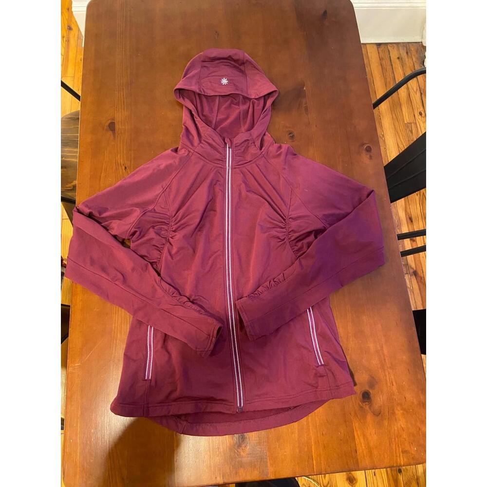 Athleta purple ruched zip-up athletic hoodie with back zip pocket – women’s L